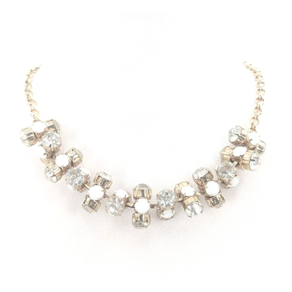 90s Y2k White Chunky Gold Tone Rhinestone Large Bib Signed Statement Necklace